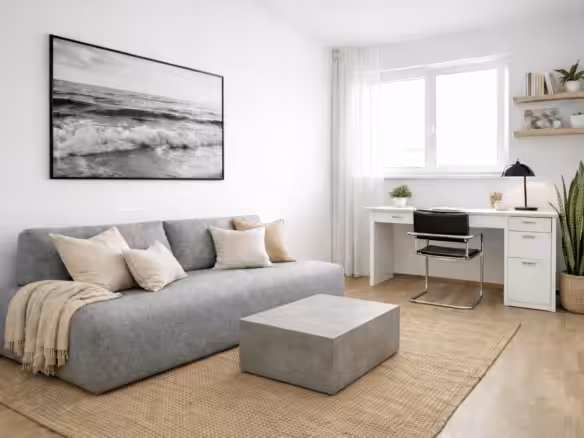 Helles, minimalist Wohn- und Arbeitszimmer