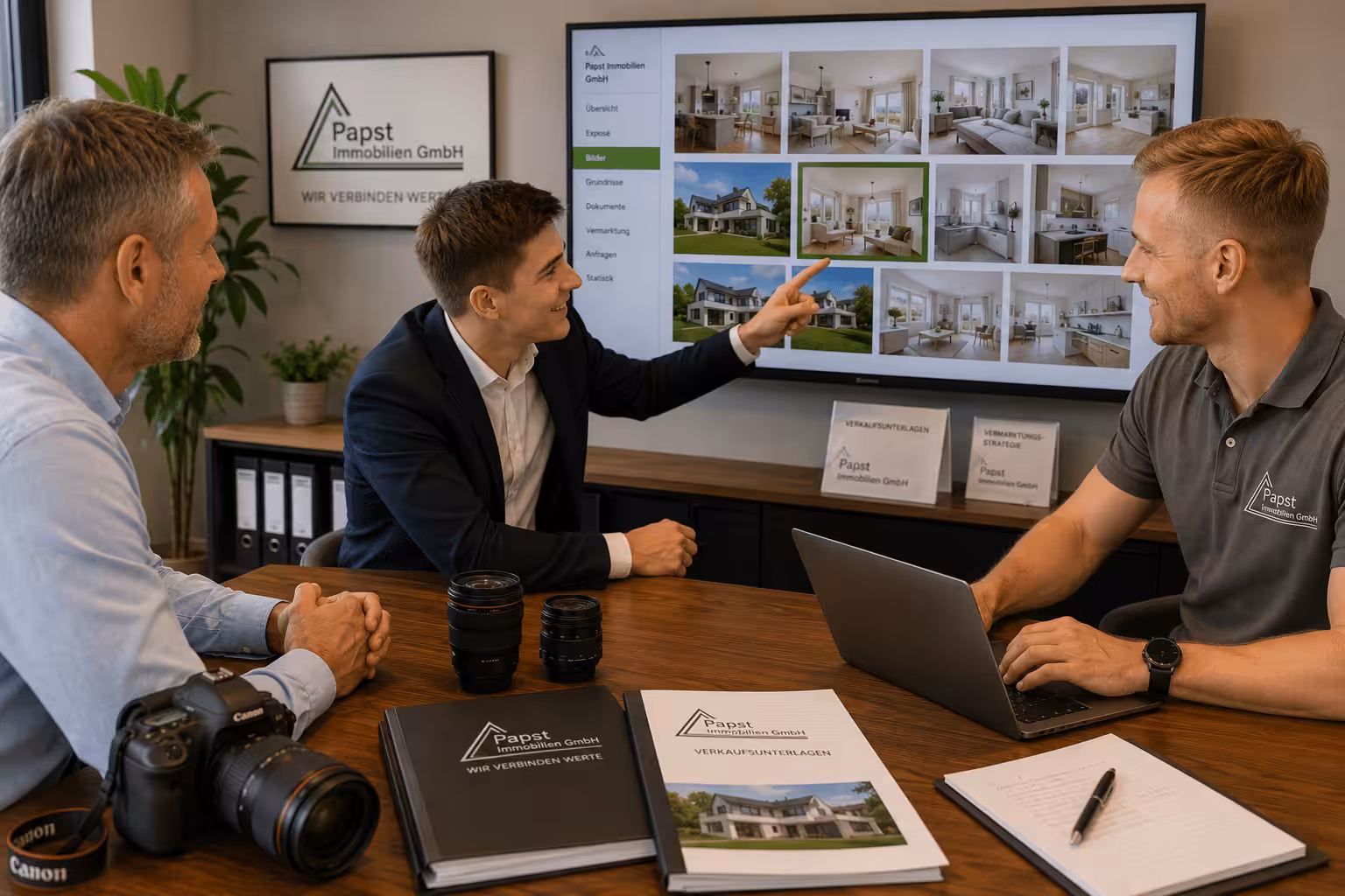 Gemeinsame Auswahl professioneller Immobilienfotos vor dem Verkaufsstart.