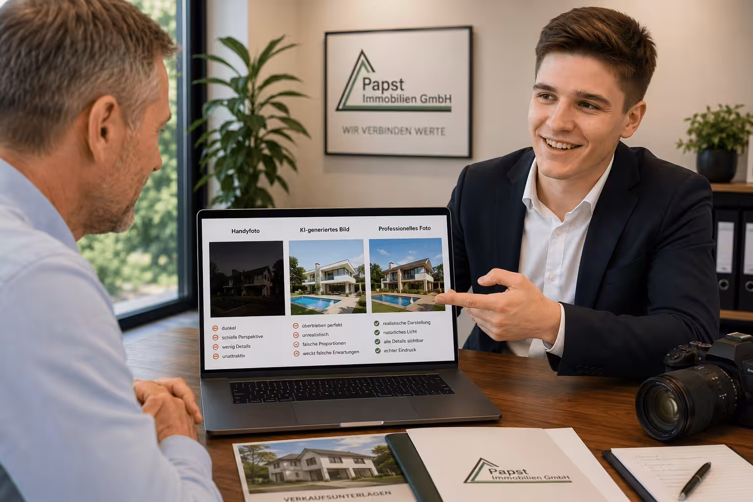 Vergleich zwischen Handyfoto, KI-generiertem Bild und professioneller Immobilienfotografie.