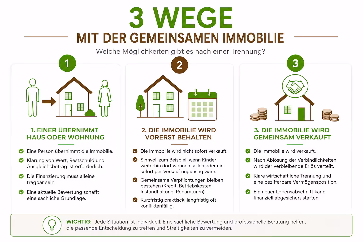 Infografik mit Übernahme, Behalten und Verkauf als Möglichkeiten für eine gemeinsame Immobilie nach einer Trennung