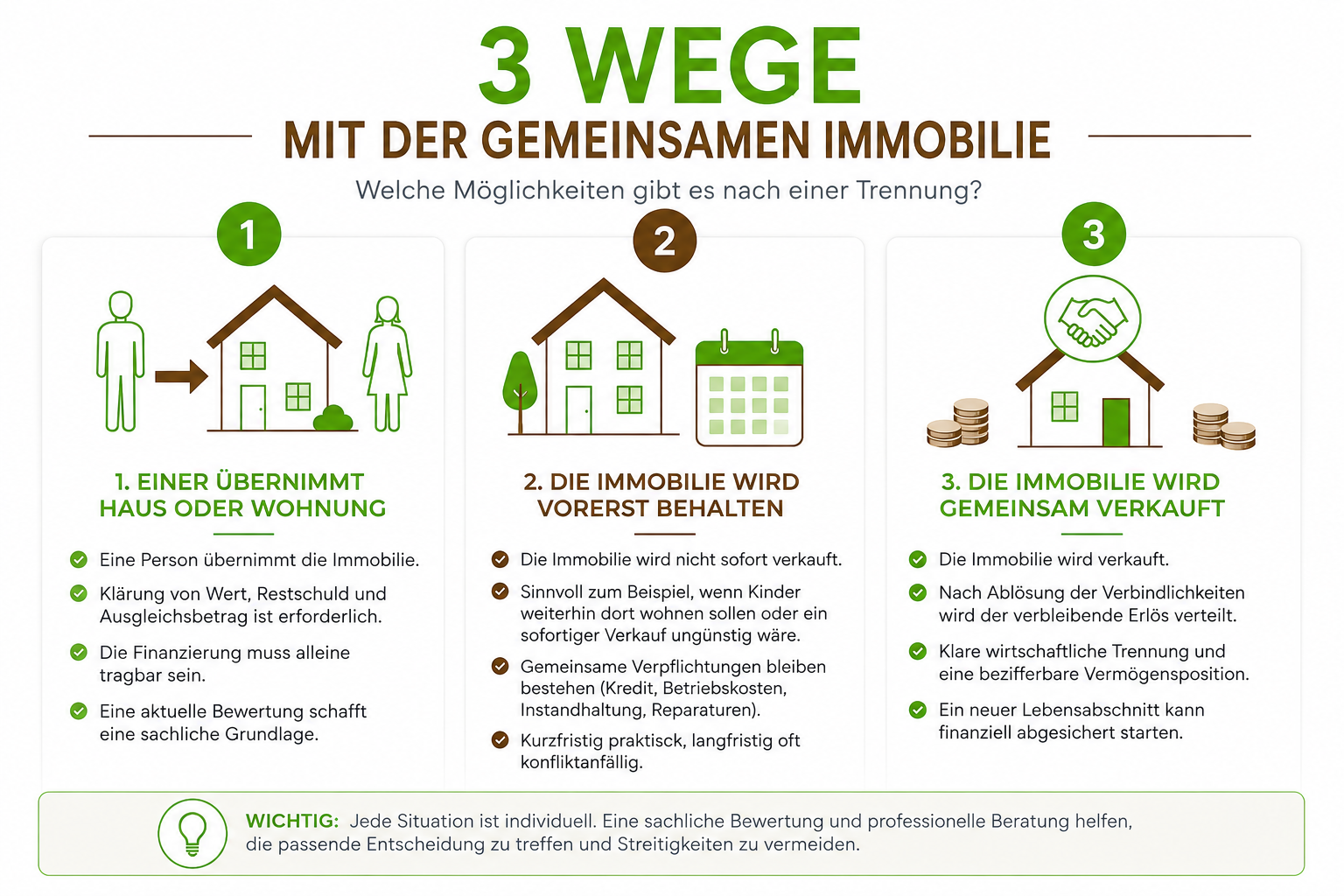 Infografik mit Übernahme, Behalten und Verkauf als Möglichkeiten für eine gemeinsame Immobilie nach einer Trennung