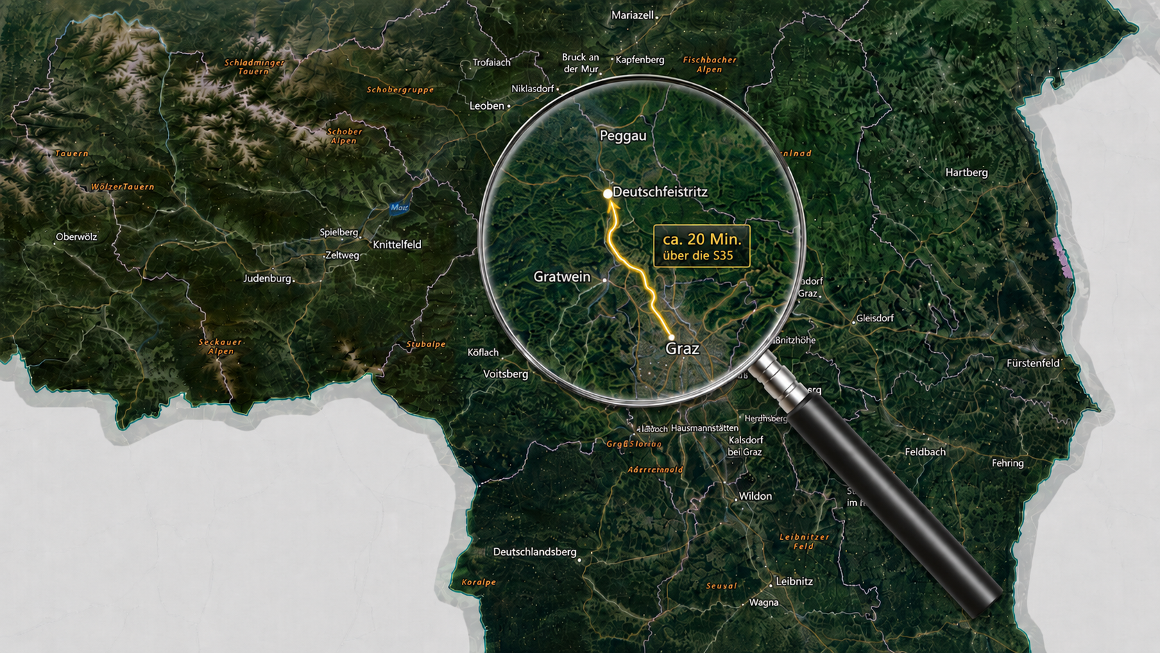 Karte der Steiermark mit vergrößertem Bereich Graz bis Deutschfeistritz und markierter Fahrstrecke über die S35 mit rund 20 Minuten Fahrzeit