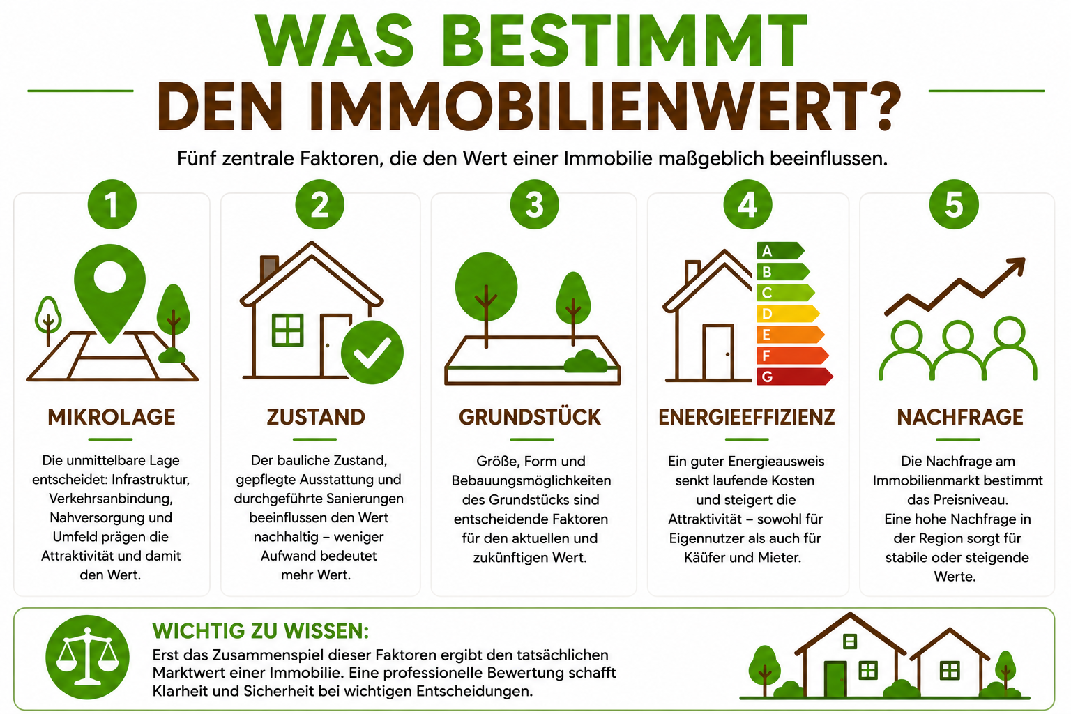 Infografik zu Lage, Zustand, Grundstück, Energieeffizienz und Nachfrage als Faktoren des Immobilienwerts
