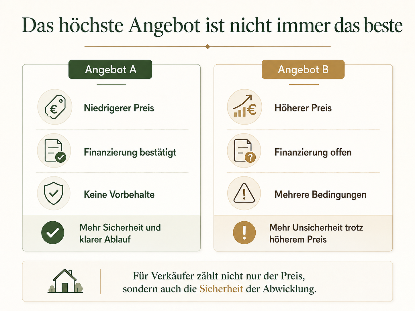 Vergleich zweier Kaufanbote mit niedrigerem sicheren Angebot und höherem Angebot mit offener Finanzierung und mehreren Bedingungen