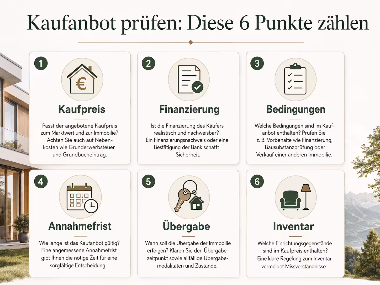 Infografik mit sechs wichtigen Punkten zur Prüfung eines Kaufanbots: Kaufpreis, Finanzierung, Bedingungen, Annahmefrist, Übergabe und Inventar