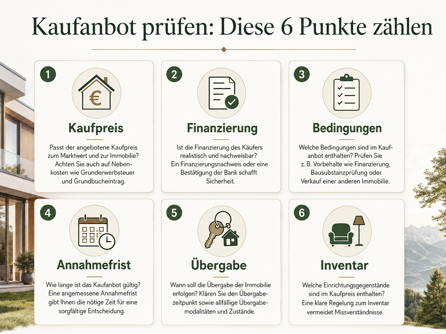 Infografik mit sechs wichtigen Punkten zur Prüfung eines Kaufanbots: Kaufpreis, Finanzierung, Bedingungen, Annahmefrist, Übergabe und Inventar