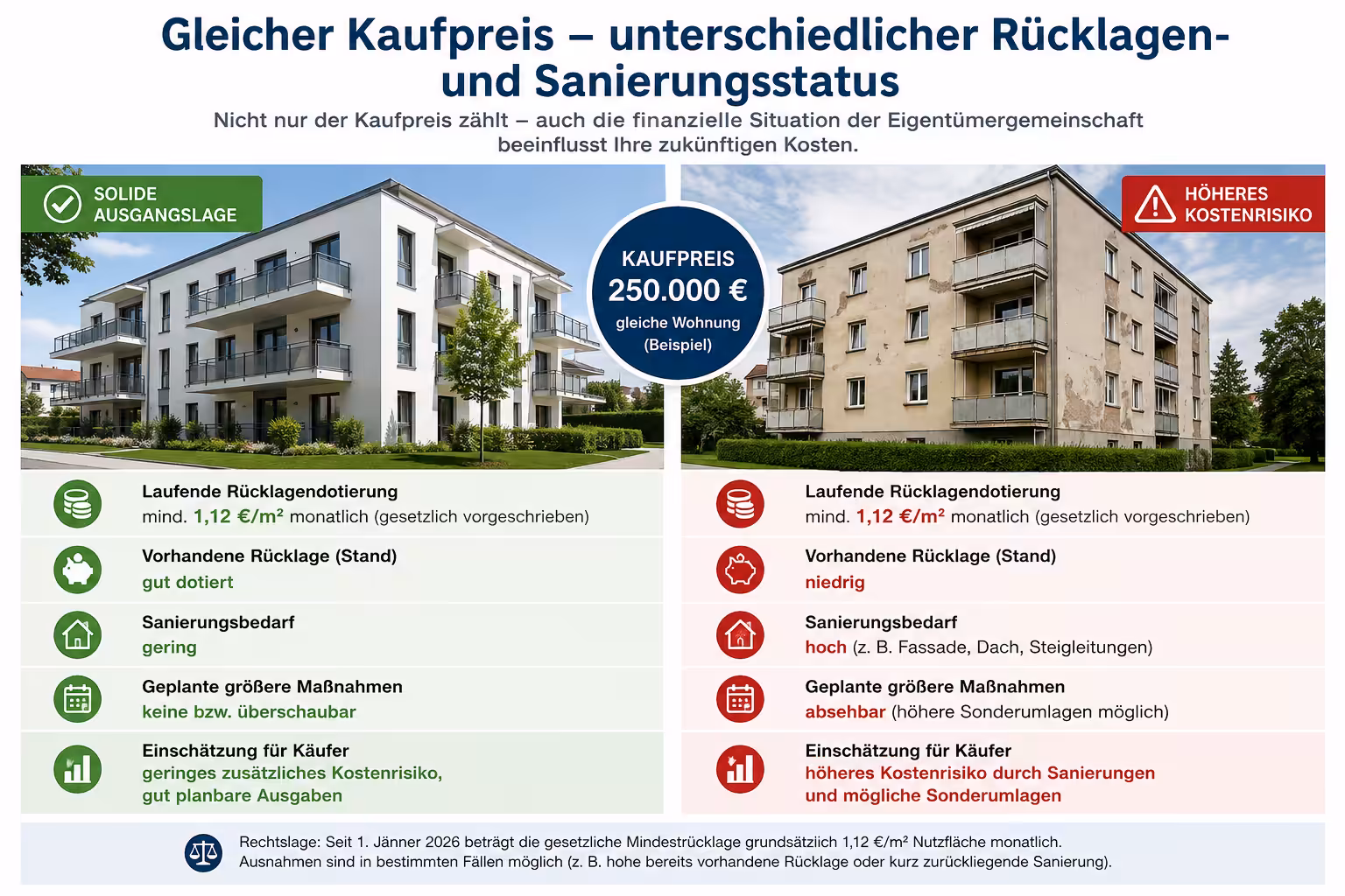 Vergleich zweier Mehrparteienhäuser mit gleichem Kaufpreis, aber unterschiedlicher Rücklage, Sanierungsbedarf und Kostenrisiko