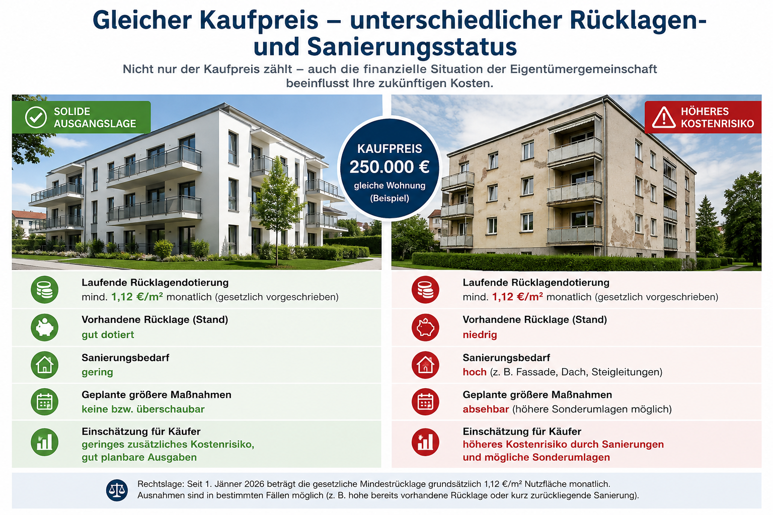 Vergleich zweier Mehrparteienhäuser mit gleichem Kaufpreis, aber unterschiedlicher Rücklage, Sanierungsbedarf und Kostenrisiko
