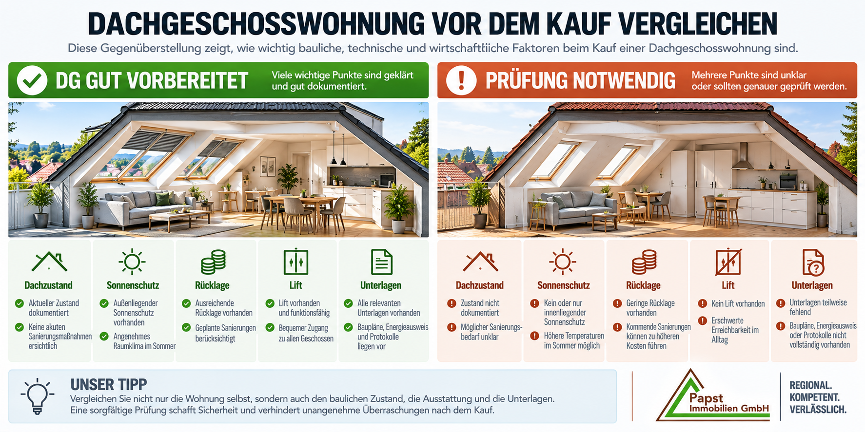 Vergleich wichtiger Gebäudefaktoren bei zwei Dachgeschosswohnungen