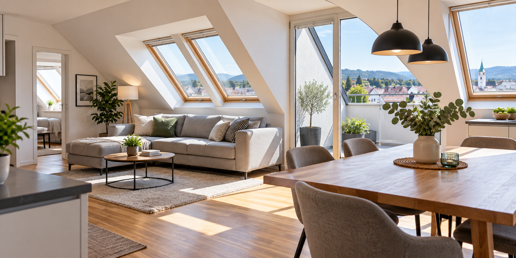 Helle Dachgeschosswohnung mit Dachschrägen und Fenstern vor einem Immobilienkauf