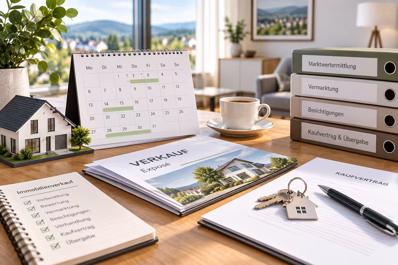 Kalender, Immobilienunterlagen und Schlüssel zur Planung eines Immobilienverkaufs