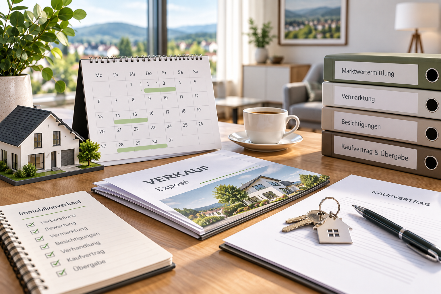 Kalender, Immobilienunterlagen und Schlüssel zur Planung eines Immobilienverkaufs