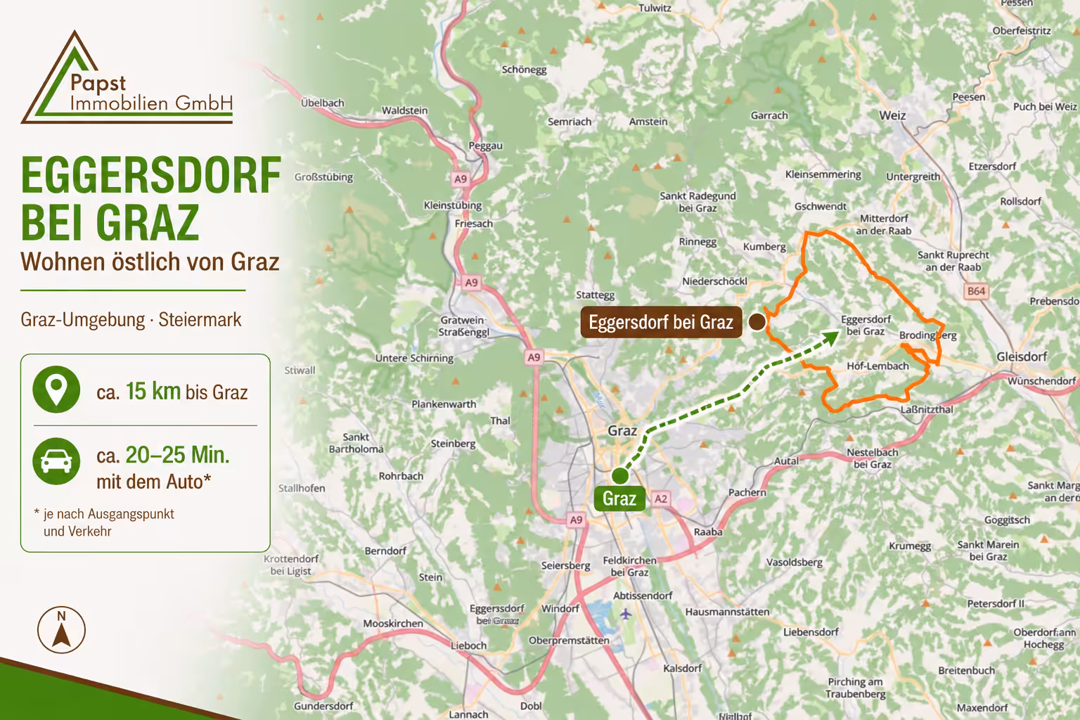Standortkarte von Eggersdorf bei Graz mit Verbindung über Faßlberg Richtung Graz
