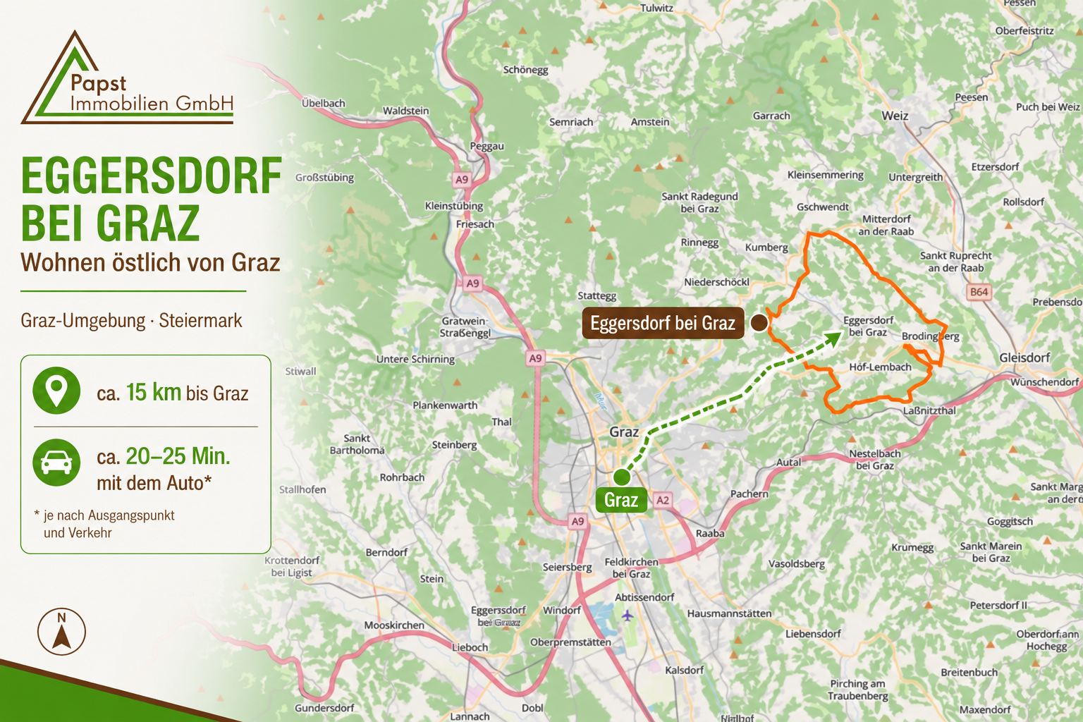 Standortkarte von Eggersdorf bei Graz mit Verbindung über Faßlberg Richtung Graz