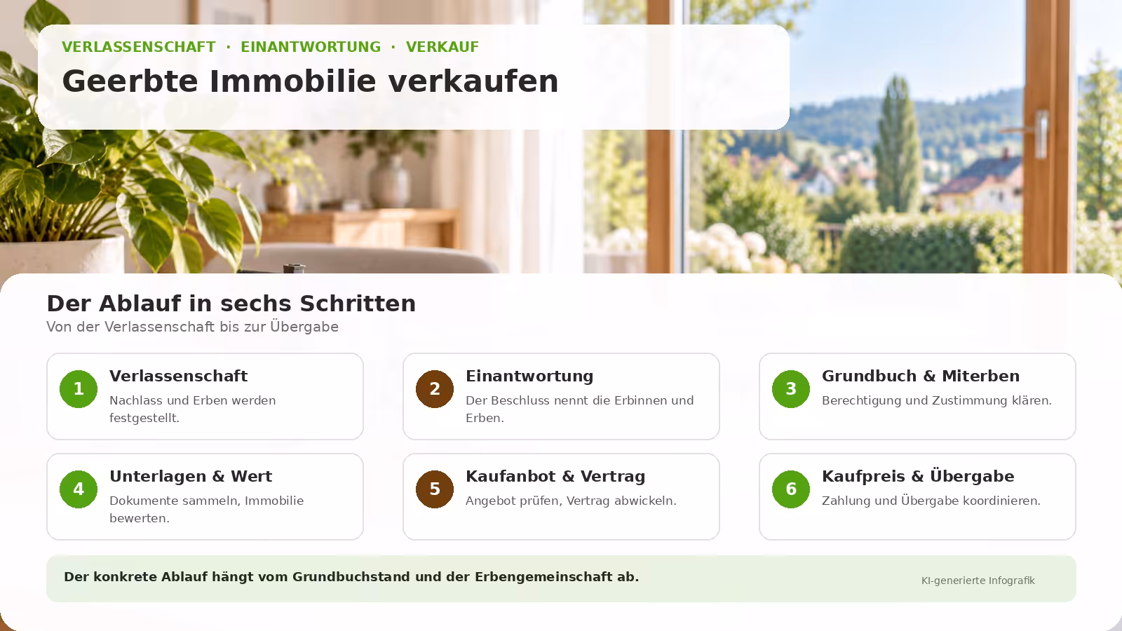 Infografik mit den Schritten von Verlassenschaftsverfahren über Einantwortung bis zum Immobilienverkauf