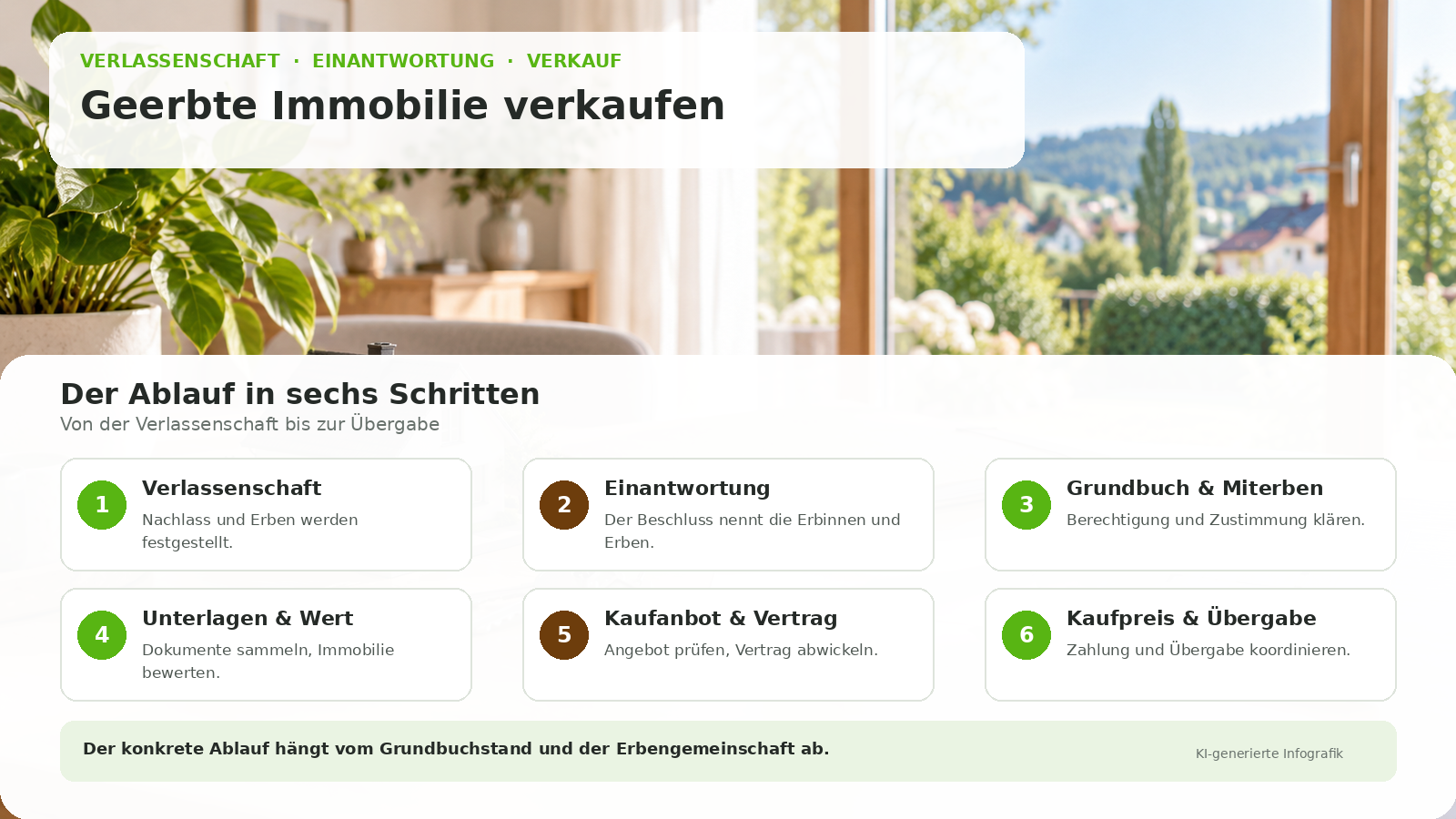 Infografik mit den Schritten von Verlassenschaftsverfahren über Einantwortung bis zum Immobilienverkauf