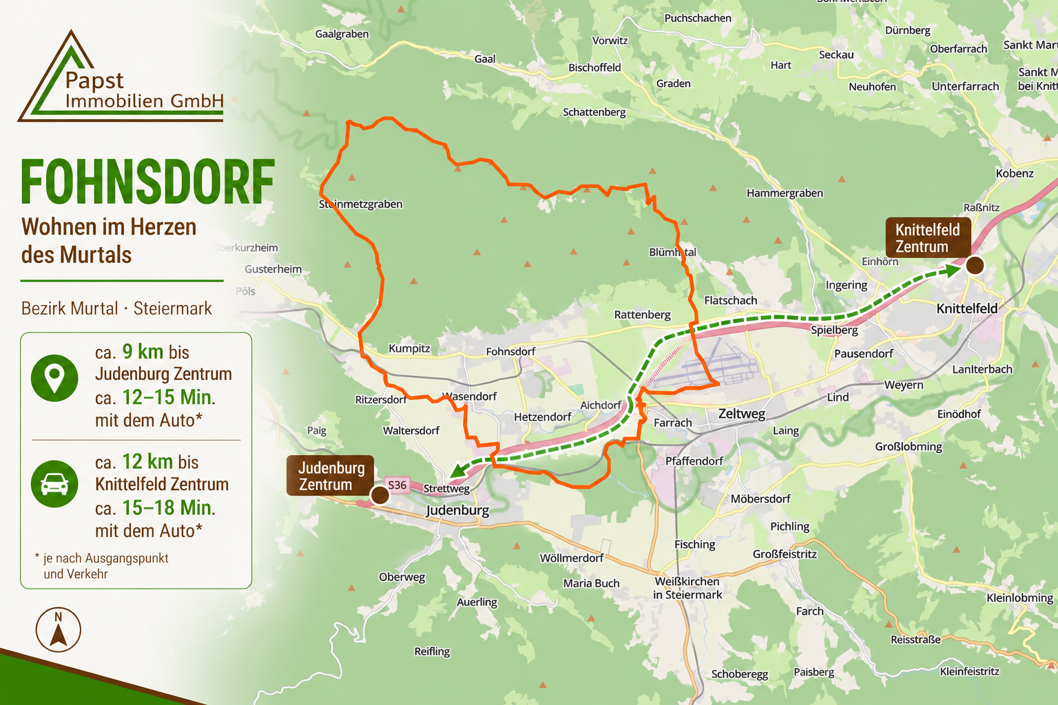 Standortkarte von Fohnsdorf mit Judenburg, Zeltweg und Knittelfeld im Murtal