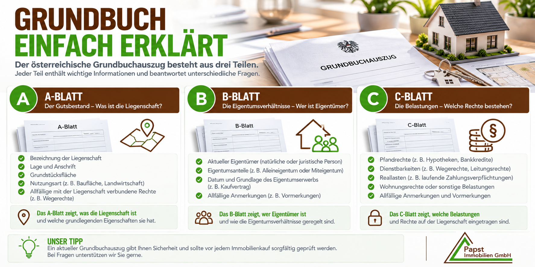 Infografik zur Gliederung des österreichischen Grundbuchs in A-Blatt, B-Blatt und C-Blatt