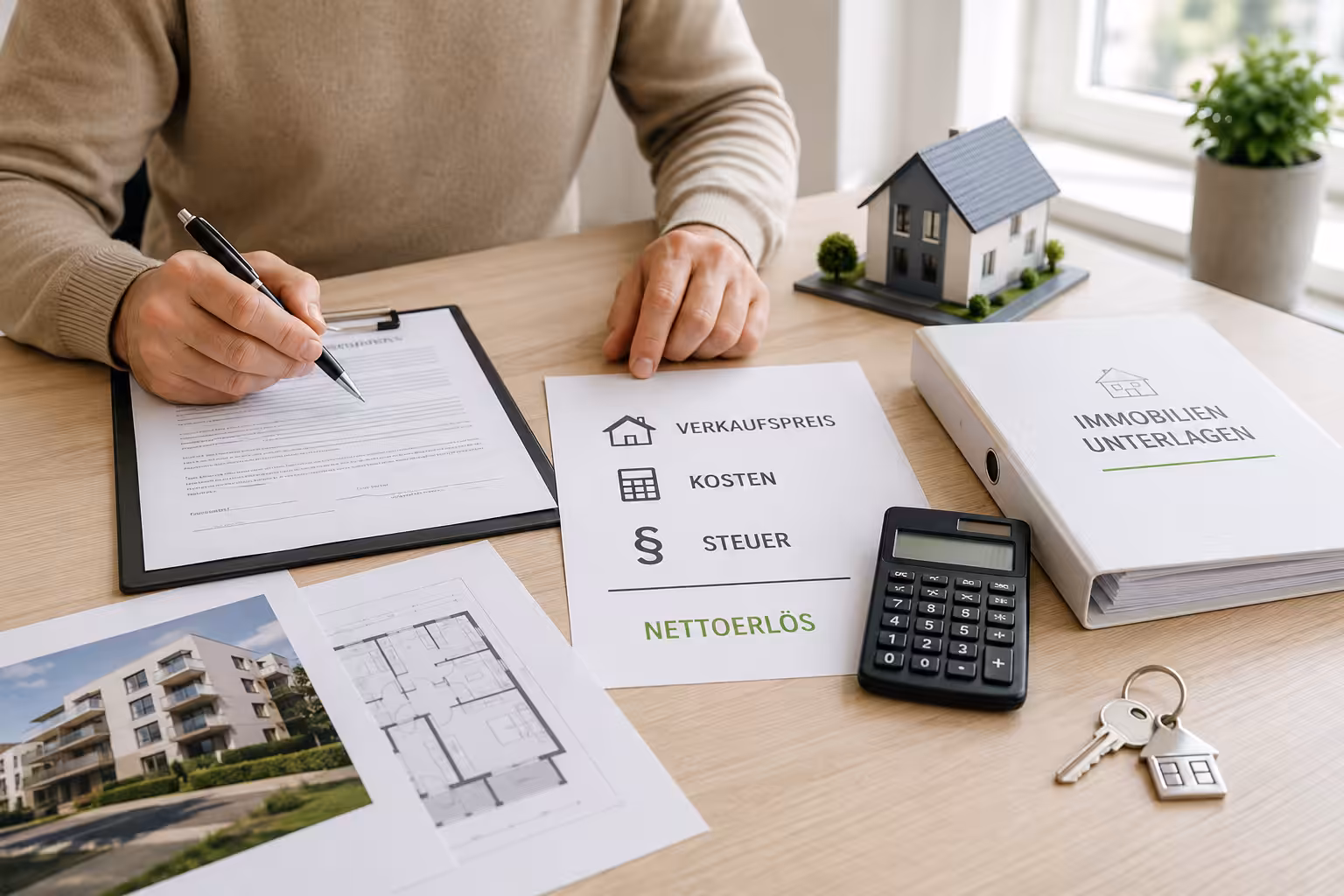 Eigentümer prüft Unterlagen, Kosten und Immobilienertragsteuer vor dem Verkauf einer Immobilie