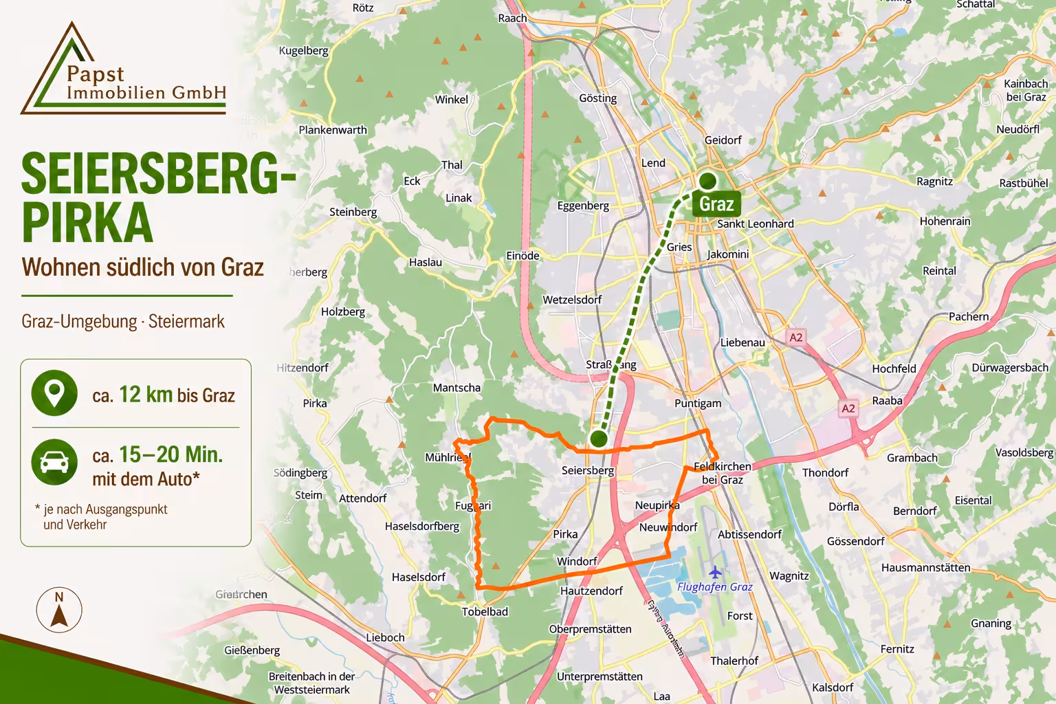 Standortkarte von Seiersberg-Pirka und Graz mit regionaler Verkehrsanbindung