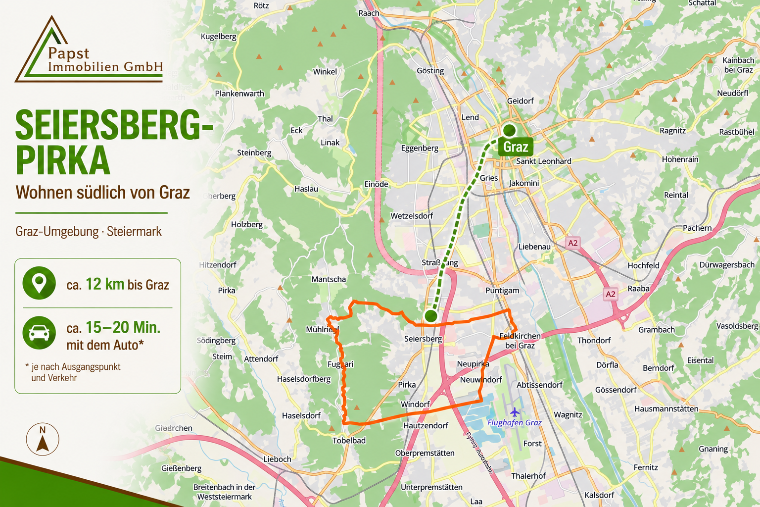 Standortkarte von Seiersberg-Pirka und Graz mit regionaler Verkehrsanbindung