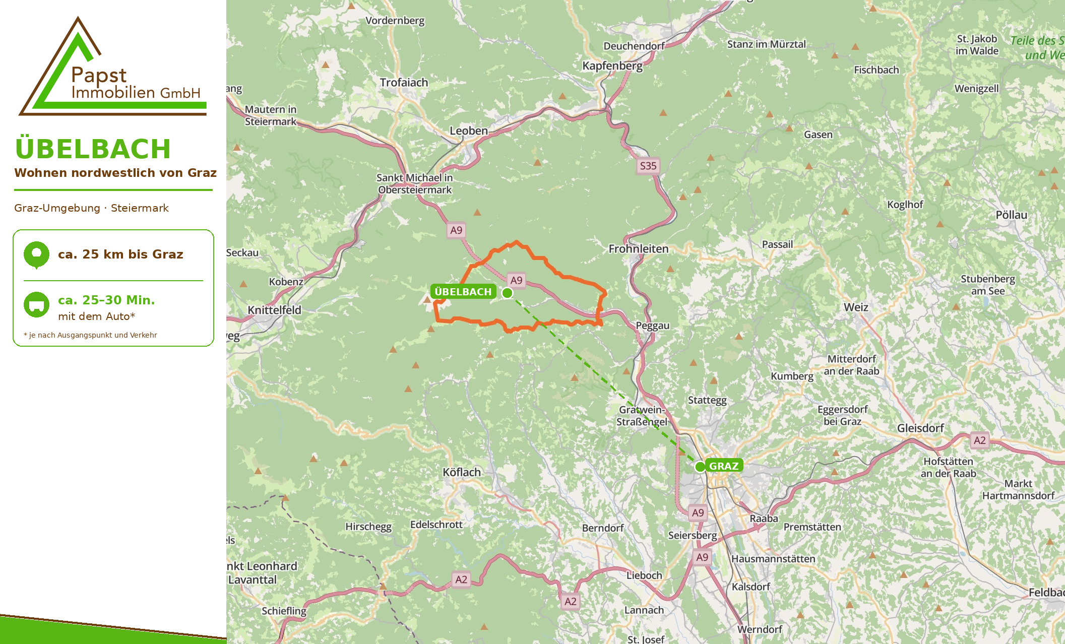 Standortkarte von Übelbach mit Verbindung über Peggau-Deutschfeistritz Richtung Graz