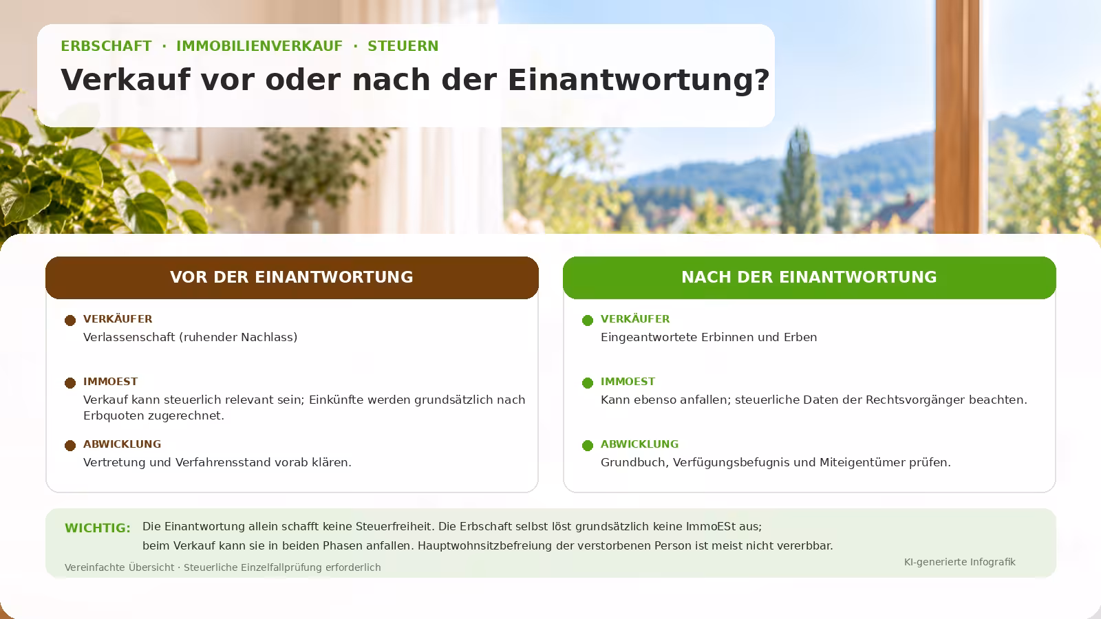 Vergleichsgrafik zu Verkauf vor und nach der Einantwortung mit Steuerfolgen