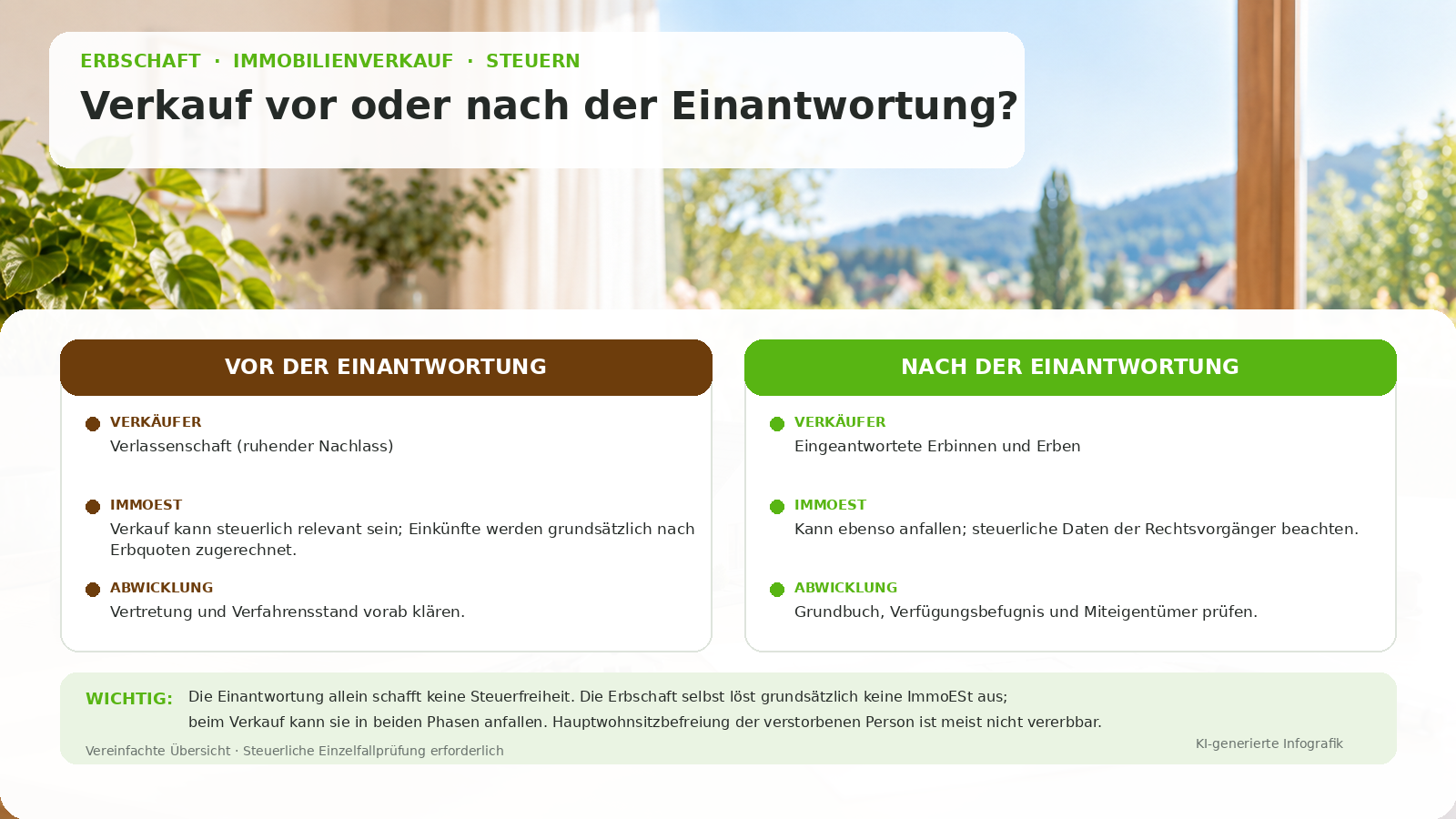 Vergleichsgrafik zu Verkauf vor und nach der Einantwortung mit Steuerfolgen