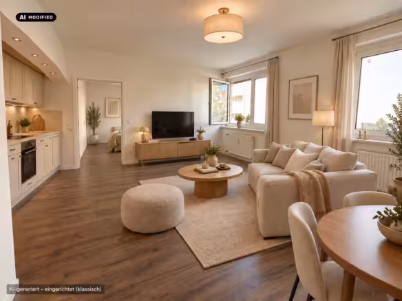 Wohnzimmer mit durchgehendem Holzboden