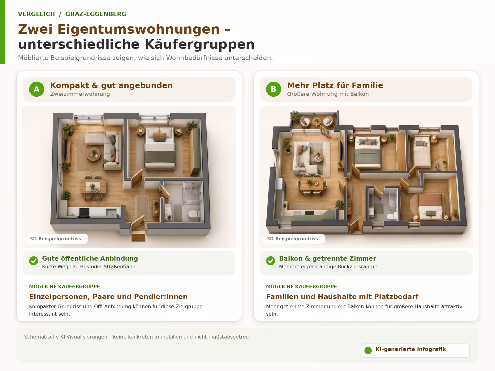 Vergleich zweier Eigentumswohnungen mit unterschiedlichen Grundrissen und Käuferzielgruppen in Graz-Eggenberg