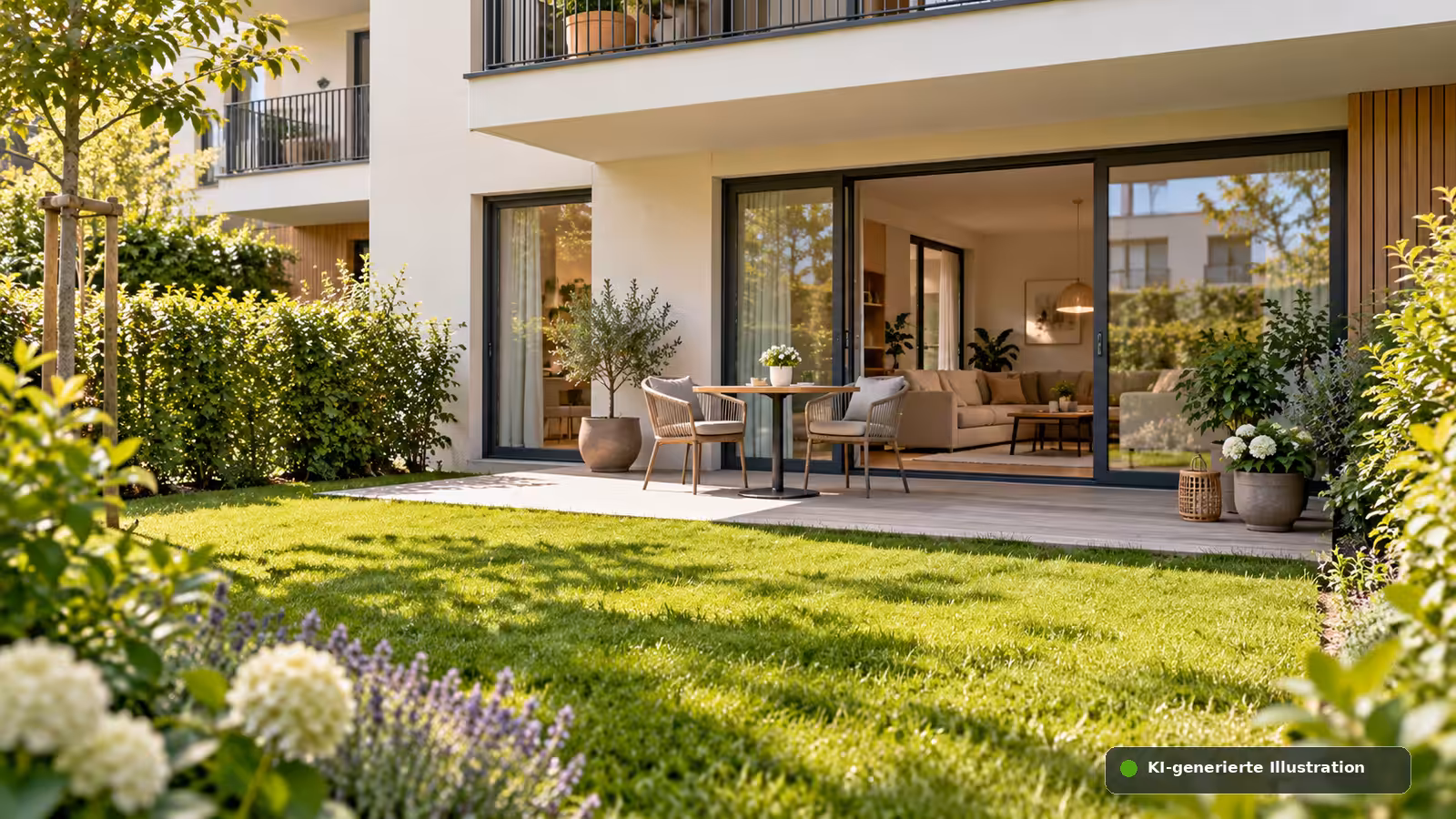 Erdgeschosswohnung mit Terrasse und zugeordneter Gartenfläche als Beispiel einer Gartenwohnung