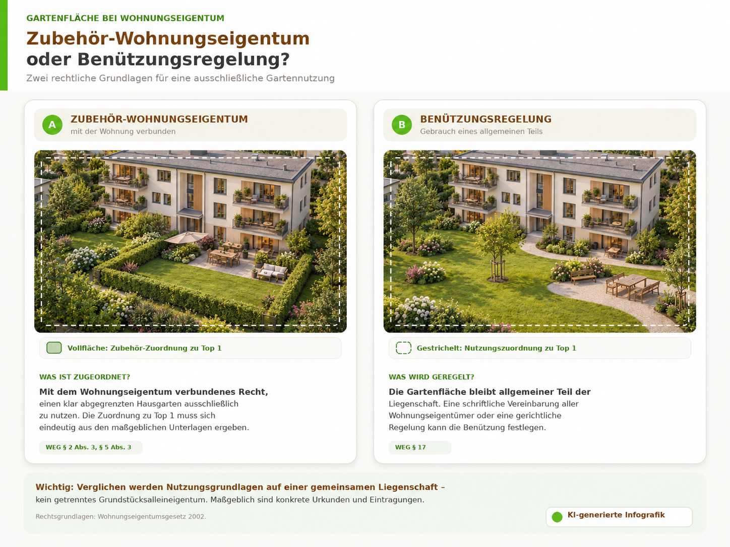 Vergleich von Zubehör-Wohnungseigentum und Benützungsregelung bei einer Gartenwohnung