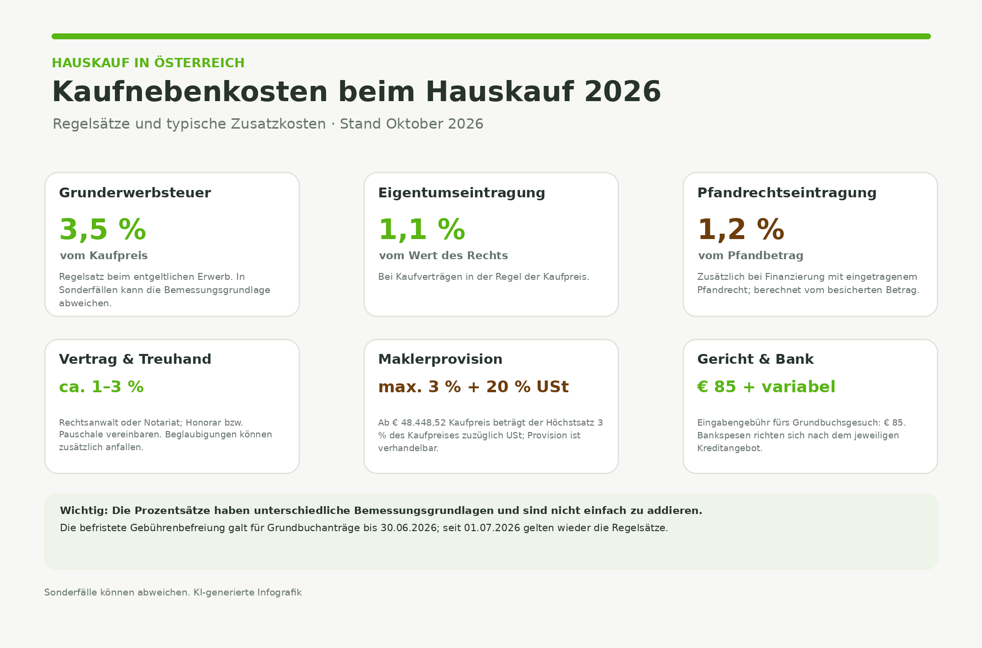 Übersicht der Kaufnebenkosten beim Hauskauf mit Grunderwerbsteuer, Eintragungsgebühr und Pfandrecht
