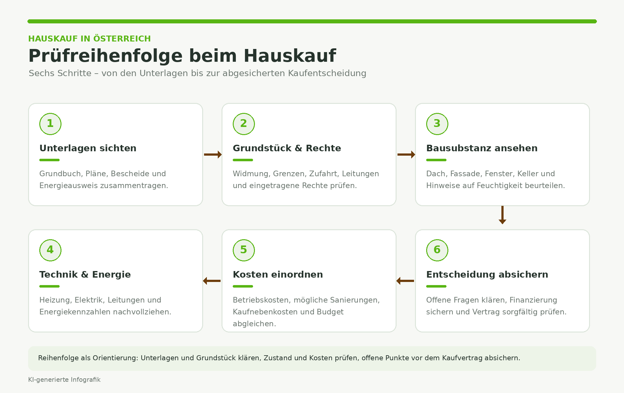 Infografik mit sechs Prüfschritten vor dem Hauskauf von Unterlagen bis Grundstück